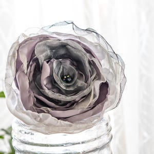 Upcycled Fabric Flower Brooch: Silver Gray Satin Organza Pin