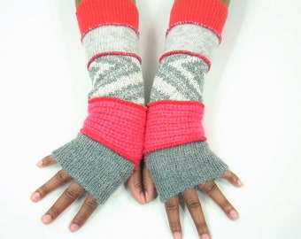 Fingerless Gloves, Hand Warmers,(Gray Mohair/Coral Mohair/Gray, White Print/Light Gray/Dark Coral) by Brenda Abdullah