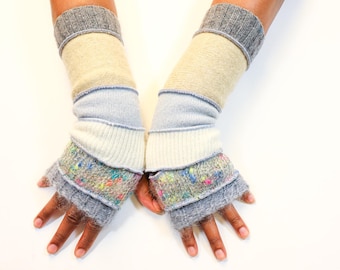 Upcycled Wool Fingerless Gloves: Fleece Lined Eco-Conscious Hand Warmers in Gray and Beige