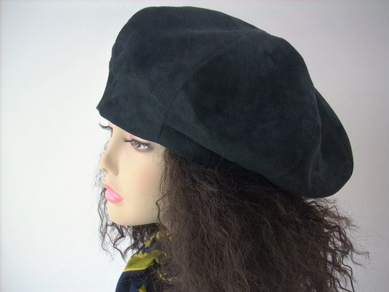 Oversized Black Beret, Black Satin Lined Beret/Faux Suede Beret, Roomy Tam, Adjustable Size Hat, Dreadlock Hat image 4