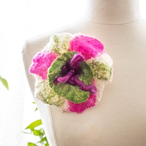 Felted Flower Brooch: Handmade Merino Wool Pin, Hot Pink & Green