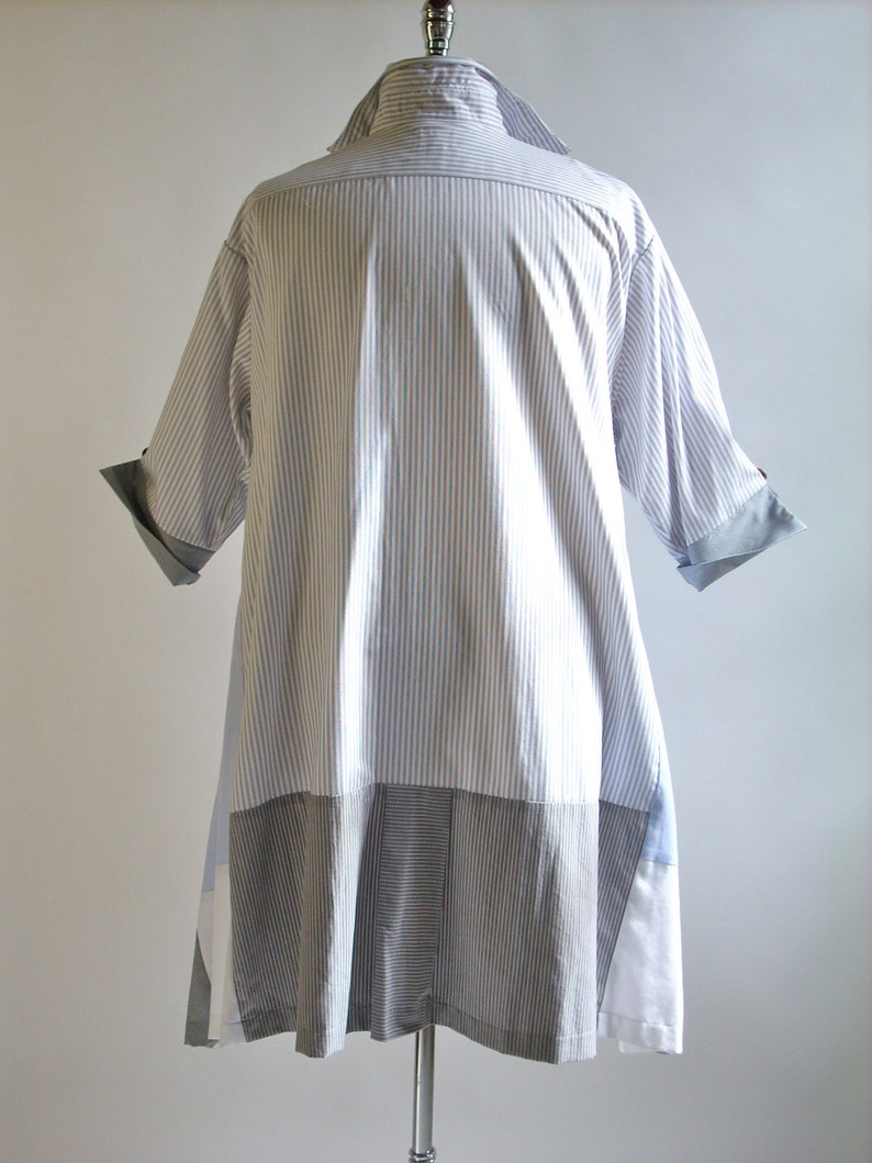 2X Women/'s Upcycled TunicBoho Altered ClothingHigh Low HemBoho Recycled ShirtBlue,White