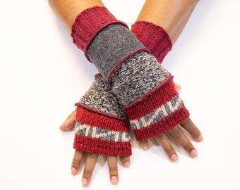 Burgundy and Gray Upcycled Wool Fingerless Gloves: Fleece Lined Eco-Conscious Hand Warmers