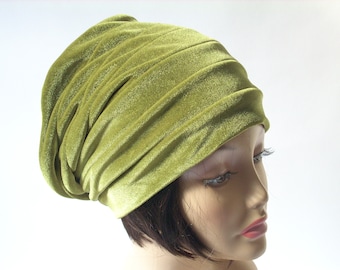 Velvet Hat/Slouchy Hat/Olive Stretch Velvet Hat for Dressy and Casual Wear/Hat for Locks/Pleated, Multi Sizes and Colors/Reversible