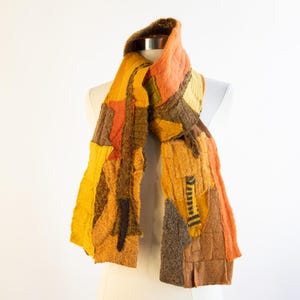 Patchwork Scarf, Upcycled Wool Knit Artisan  Scarf, Handmade One of a Kind, Reversible Design, in Saffron, Gold and Yellow Ochre