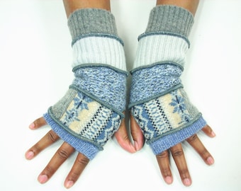 Vingerloze handschoenen, handwarmers, (korenbloem/denimblauw, beige patroon/denimblauw tweed/lichtgrijs geribbeld/mediumgrijs) door Brenda Abdullah