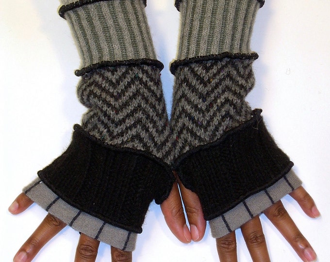 Fingerless Gloves, Grey and Black grey and Black Stripe, Black, Black