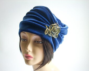 Navy Blue Velvet Turban Hat: Reversible Slouchy Style