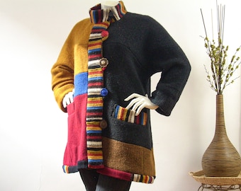 Upcycled Wool Sweater Coat: Handmade Patchwork Color Block Jacket