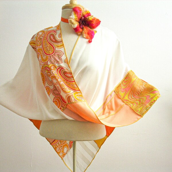 Mobius Wrap/Mobius Shawl/Twisted Mobius Shawl/Orange, Peach, Yellow/Upcycled Shawl/by Brenda Abdullah