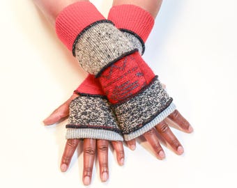 Red and Gray Fingerless Gloves: Upcycled Wool Hand Warmers