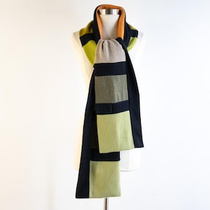 Reversible Color Block Cashmere Scarf: Sage Green, Black, Beige with Marigold Stripe
