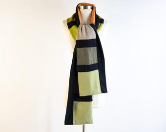 Reversible Color Block Cashmere Scarf: Sage Green, Black, Beige with Marigold Stripe