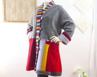 Women's Coat/Cardigan Style Patchwork Coat/Boho One of a Kind Altered Clothing/Refashioned Sweaters/Cardigan Coat Size 2X