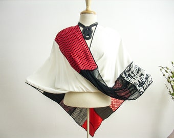 Upcycled Patchwork Mobius Shawl: Red Black White Silky Wrap