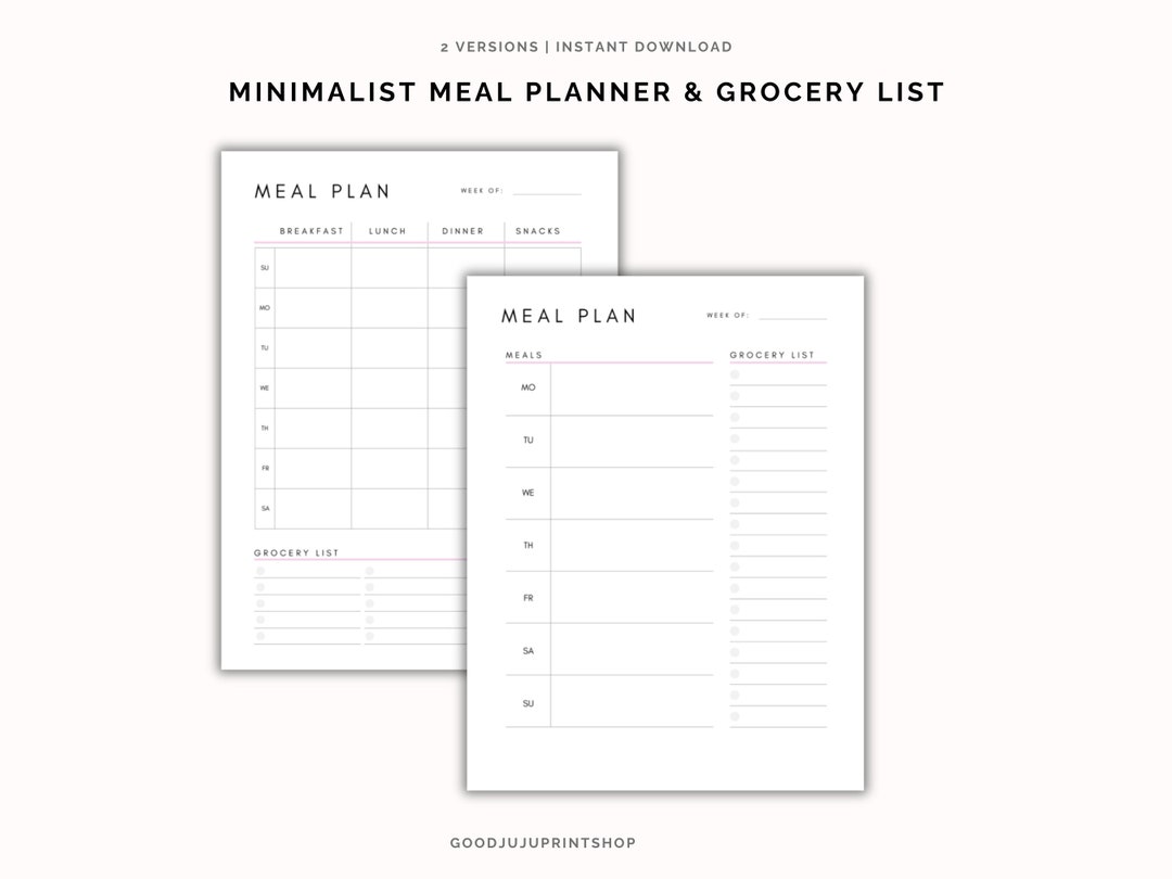 Minimalist Weekly Meal Planner With Grocery List | 7 Day Meal Planner ...