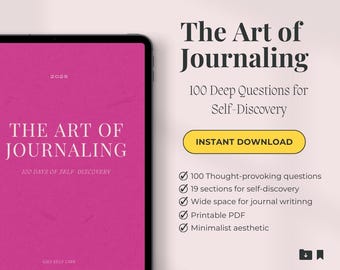 Peut inclure: Une tablette numérique affiche une couverture rose vif pour The Art of Journaling 2025, 100 Days of Self-Discovery. Le texte liste 100 questions stimulantes, 19 sections, un large espace d'écriture, un PDF imprimable et une esthétique minimaliste.