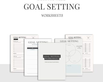 May include: A set of printable goal setting worksheets with the text "GOAL SETTING WORKSHEET" in black text on a white background. The worksheets include sections for goal setting, action steps, and progress tracking.