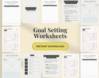May include: A set of printable goal setting worksheets with a black and white design. The worksheets include sections for setting goals, tracking progress, and reflecting on achievements. The text "Goal Setting Worksheets" and "Instant Download" are featured in the image.