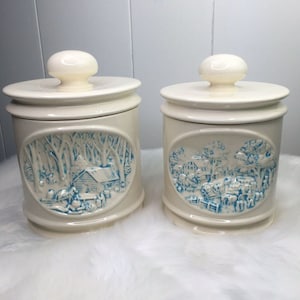 2 Vintage Blue White Seasonal Frontier Farm Ceramic Cookie Coffee Jars Canisters