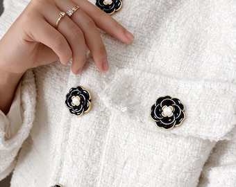8 pcs Pearl Flower Sewing Buttons, Elegant Black White Shank Embellishments