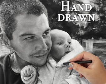 Custom Family Portrait - Dad and Baby or Mom and Baby Pencil Sketch - Hand-Drawn Art Keepsake from Photo