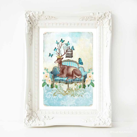 Deer print deer on a sofa anthropomorphic stag whimsical Etsy