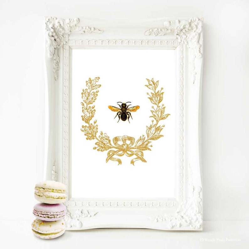 Bee in a Gold Acorn Wreath French Art Print | Stay At Home Mum