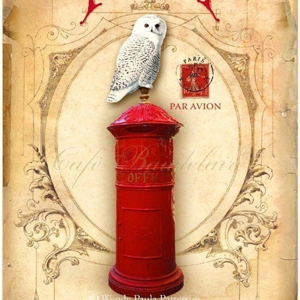 Red Pillar Box  Owl Art Print The Owl Post  ACEO Giclee