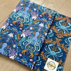 Mermaid Book Cover Adjustable Bible Pouch Reusable Fabric Dust Jacket Sea Creature Dust Cover Paperback Hardcover Crab Book Sleeve Tapestry