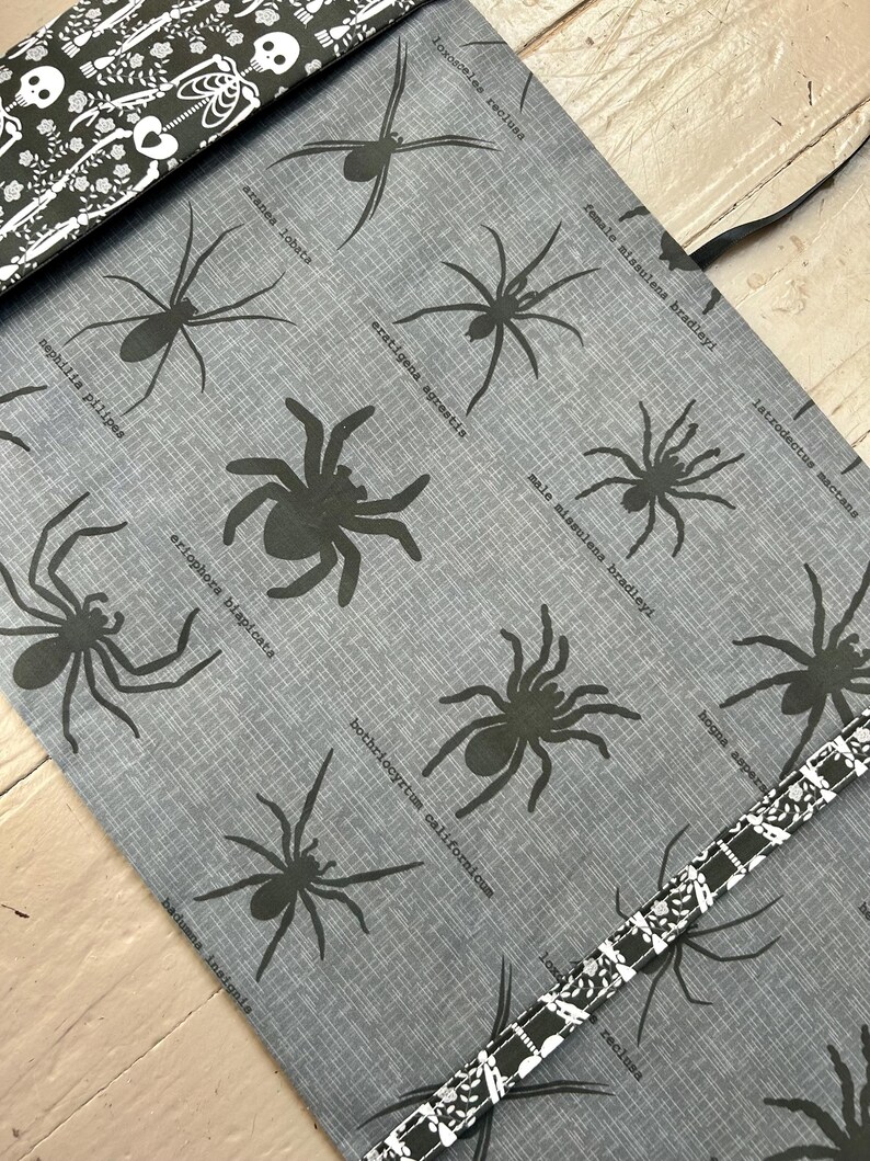 Puede incluir: Un rollo de tela gris con un patr&oacute;n repetitivo de ilustraciones de ara&ntilde;as negras, cada una etiquetada con su nombre cient&iacute;fico. El rollo est&aacute; asegurado con una correa blanca y negra decorada con un patr&oacute;n de calaveras y motivos florales.