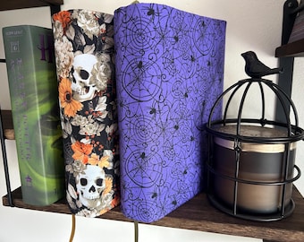 Reversible Book Fabric Cover Bible Cover Adjustable Reusable Halloween Skull and Harvest Theme Dust Jacket Spiderweb Book Pouch