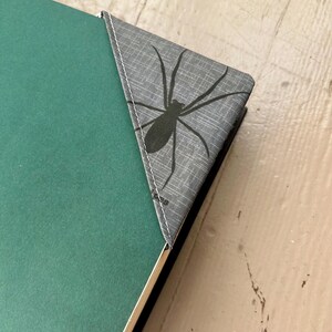 Puede incluir: Un marcap&aacute;ginas triangular de tela para la esquina de un libro con un patr&oacute;n gris texturizado y un gr&aacute;fico de ara&ntilde;a negra impreso en la superficie. El marcap&aacute;ginas est&aacute; sujeto a la esquina de una cubierta de libro verde liso con costuras blancas.
