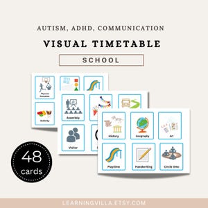 Puede incluir: Tarjetas de horario visual para la escuela, con iconos que representan actividades como educación física, asamblea y tiempo de juego. Estas tarjetas están diseñadas para personas con autismo, TDAH y necesidades de comunicación. El conjunto incluye 48 tarjetas.