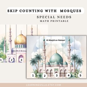 Könnte beinhalten: Ein druckbares Arbeitsblatt zum Zählen mit Moscheen. Das Arbeitsblatt zeigt zwei Bilder von Moscheen, eine mit einer goldenen Kuppel und die andere mit einer grünen Kuppel. Das Arbeitsblatt ist mit "Zählen mit Moscheen" und "Arbeitsblatt für Mathematik für besondere Bedürfnisse" beschriftet.