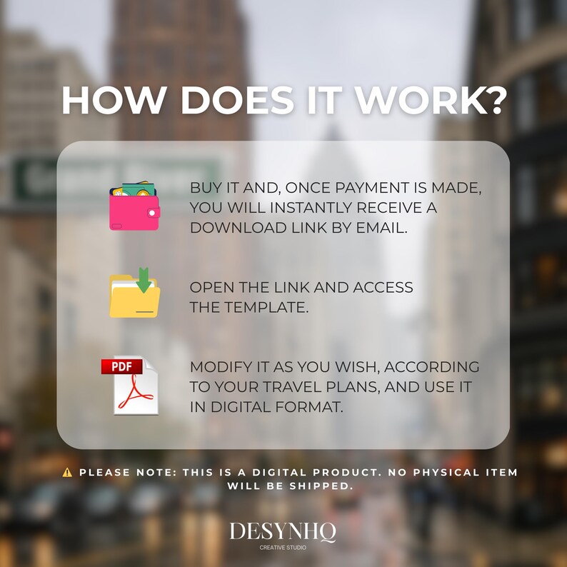 K&ouml;nnte beinhalten: Infografik mit dem Titel "HOW DOES IT WORK?" zeigt die Schritte zum Kauf und zur Nutzung eines digitalen Produkts. Die Schritte umfassen den Kauf, den Download, das &Ouml;ffnen und die &Auml;nderung einer Vorlage. Der Text weist darauf hin, dass es sich um ein digitales Produkt handelt.
