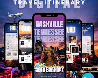 Modèle numérique d'itinéraire de voyage d'anniversaire de Nashville, Tennessee, planificateur de voyage de week-end modifiable sur toile
