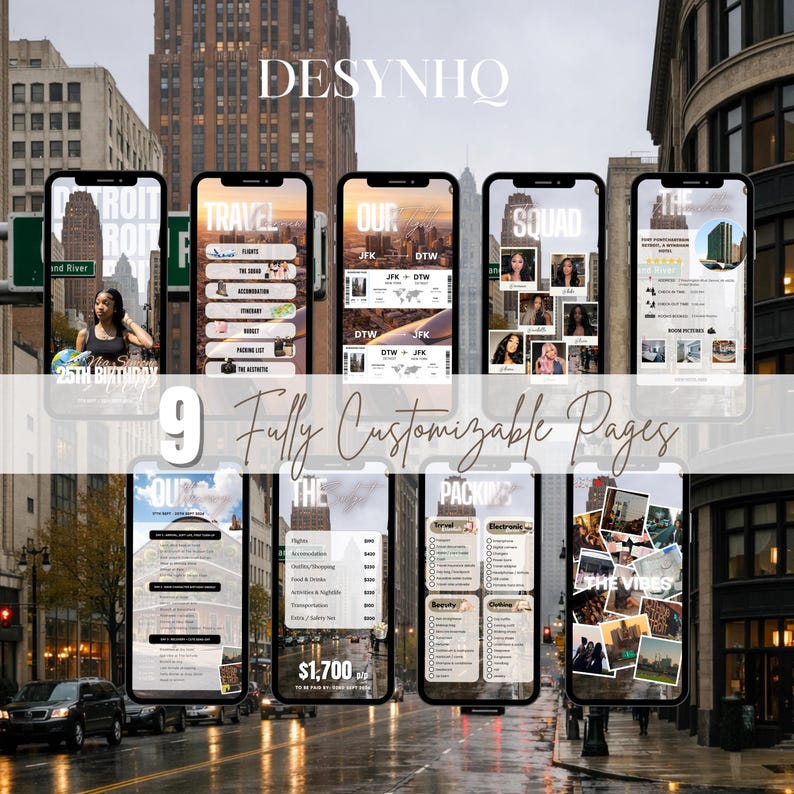 K&ouml;nnte beinhalten: Mehrere Smartphones zeigen eine digitale Reiseplaner-App. Die App bietet anpassbare Seiten f&uuml;r Fl&uuml;ge, Unterk&uuml;nfte, Packlisten und mehr. Der Text "DESYNHQ" und "9 Fully Customizable Pages" sind sichtbar.
