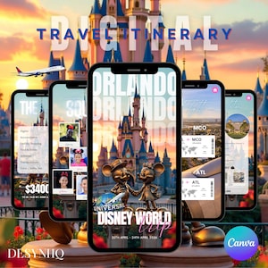 May include: Digital travel itinerary design for a Universal Disney World trip. The image shows several smartphones displaying the itinerary, with a castle and Mickey and Minnie Mouse in the background. The text includes "Orlando", "Universal Disney World", and dates.