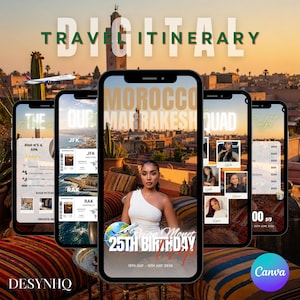 Peut inclure: Conception numérique d'un itinéraire de voyage affichant plusieurs smartphones avec des informations de voyage. Le téléphone central présente une femme avec le texte "Morocco Marrakech Squad" et "25th Birthday". D'autres écrans montrent des détails de vol et d'hôtel.