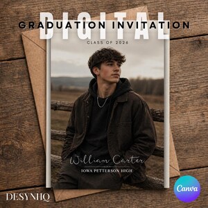 Senior Boy Graduation Photo Card Template, Class of 2026 Editable Script Collage Canva Design