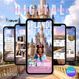 Puede incluir: Un itinerario de viaje digital que se muestra en varios teléfonos inteligentes. Las pantallas muestran a una mujer con orejas de Minnie Mouse frente a un castillo, detalles del viaje y el texto "21st Birthday Trip". El fondo presenta un castillo, un avión y el texto "Digital Travel Itinerary".