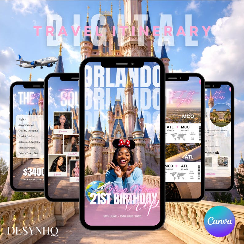 Puede incluir: Un itinerario de viaje digital que se muestra en varios tel&eacute;fonos inteligentes. Las pantallas muestran a una mujer con orejas de Minnie Mouse frente a un castillo, detalles del viaje y el texto "21st Birthday Trip". El fondo presenta un castillo, un avi&oacute;n y el texto "Digital Travel Itinerary".