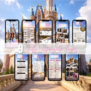 Puede incluir: Nueve tel&eacute;fonos inteligentes que muestran p&aacute;ginas de planificaci&oacute;n de viajes con el texto "DESYNHO". Las pantallas muestran itinerarios de viaje, listas de embalaje y collages de fotos. El fondo presenta un castillo y un puente.