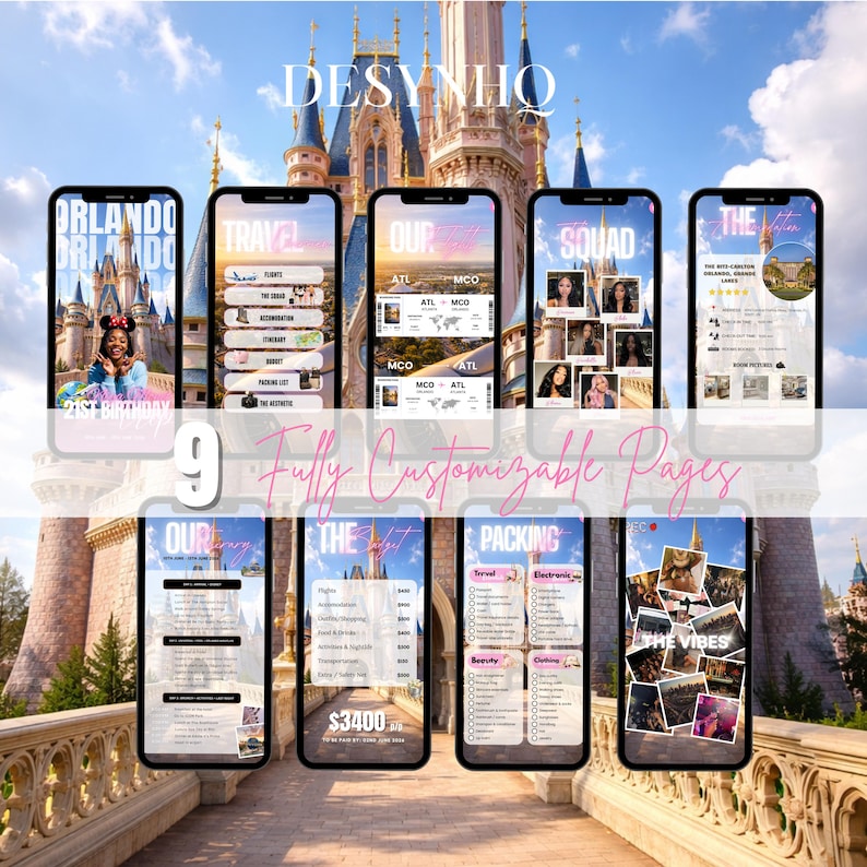 Puede incluir: Nueve tel&eacute;fonos inteligentes que muestran p&aacute;ginas de planificaci&oacute;n de viajes con el texto "DESYNHO". Las pantallas muestran itinerarios de viaje, listas de embalaje y collages de fotos. El fondo presenta un castillo y un puente.