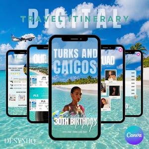 May include: A digital travel itinerary design featuring multiple smartphones displaying a Turks and Caicos vacation plan. The central phone showcases a woman and text that reads "30th Birthday Trip". The background includes a beach scene and a plane.