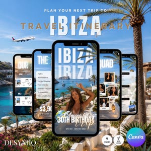 Könnte beinhalten: Eine digitale Reiseplanvorlage für Ibiza, dargestellt auf fünf Smartphone-Bildschirmen. Die Bildschirme zeigen Texte wie Plan Your Next Trip To Ibiza, The Ibiza Squad und Amina West 30th Birthday Trip sowie Reise-Icons und Fotos.