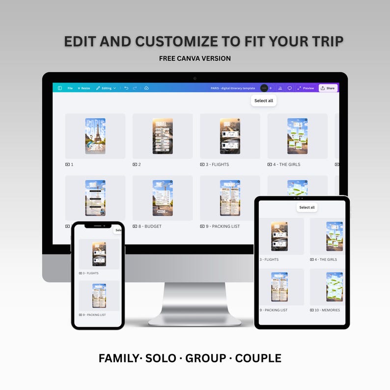 K&ouml;nnte beinhalten: Eine digitale Reiserouten-Vorlage, die auf einem Computermonitor, Smartphone und Tablet angezeigt wird. Der Bildschirm zeigt reisebezogene App-Bildschirme. Der Text enth&auml;lt "EDIT AND CUSTOMIZE TO FIT YOUR TRIP" und "FREE CANVA VERSION". Der Text unten lautet "FAMILY &bull; SOLO &bull; GROUP &bull; COUPLE".