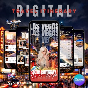May include: Digital travel itinerary design featuring multiple smartphones displaying a Las Vegas themed trip. The design includes the text "Digital Travel Itinerary", "Las Vegas", and "30th Birthday Trip". The design also includes a photo of a woman.