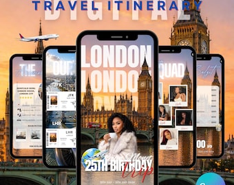 Modelo de roteiro digital para viagem de aniversário a Londres, planejador de viagem de fim de semana editável no Canva.